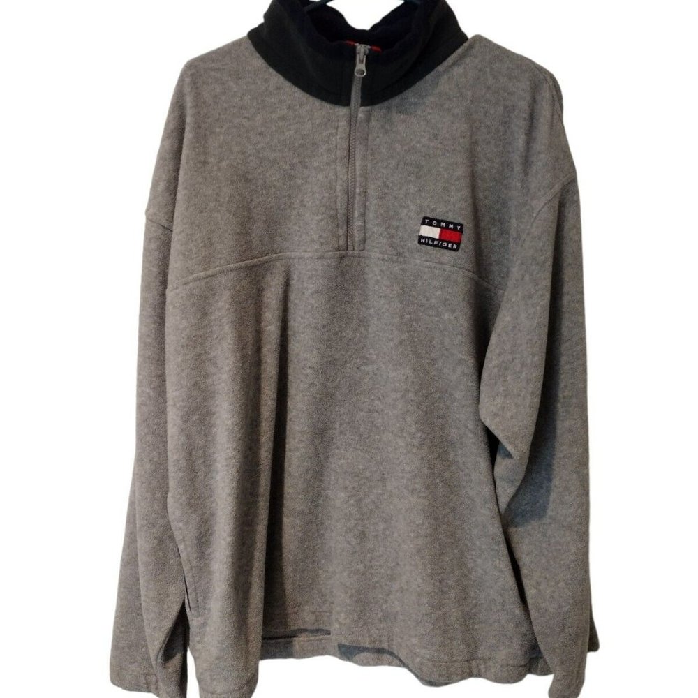 VINTAGE Tommy Hilfiger 1/4 Zip Up Fleece Sweater Gray Polyester Mens Size Large